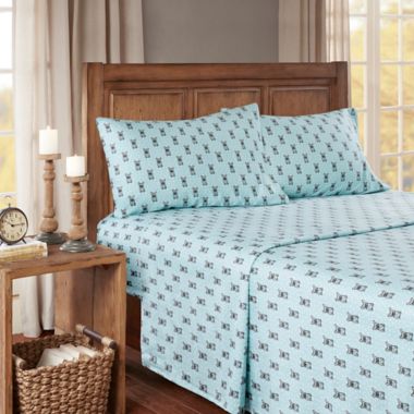 True North by Sleep Philosophy French Bulldog Cozy Flannel Queen Sheet Set in Aqua. View a larger version of this product image.