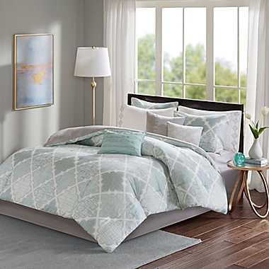 Madison Park&reg; Cadence Cotton Sateen 9-Piece Queen Comforter Set in Aqua. View a larger version of this product image.
