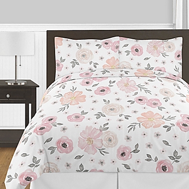 Sweet Jojo Designs&reg; Watercolor Floral 3-Piece Full/Queen Comforter Set in Pink/Grey. View a larger version of this product image.