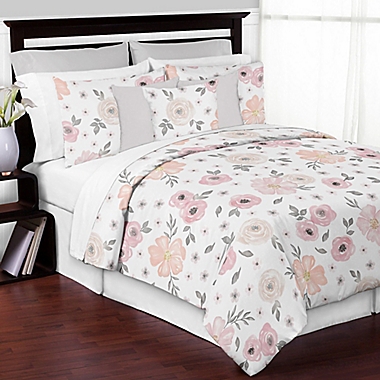Sweet Jojo Designs&reg; Watercolor Floral 3-Piece Full/Queen Comforter Set in Pink/Grey. View a larger version of this product image.