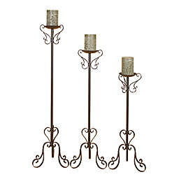 Ridge Road Décor 3-Piece Scrollwork Iron Candle Holder Set in Brown