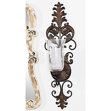 Ridge Road D&eacute;cor Scrolled Hurricane Iron/Glass Candle Sconce in Bronze. View a larger version of this product image.