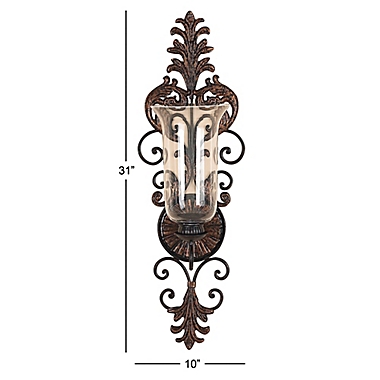 Ridge Road D&eacute;cor Scrolled Hurricane Iron/Glass Candle Sconce in Bronze. View a larger version of this product image.