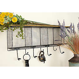 Ridge Road Décor Iron Wall Shelf with Baskets and Hooks in Black