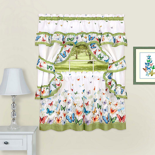 Alternate image 1 for Achim Butterflies Rod Pocket Cottage Window Tier and Valance Set in Green
