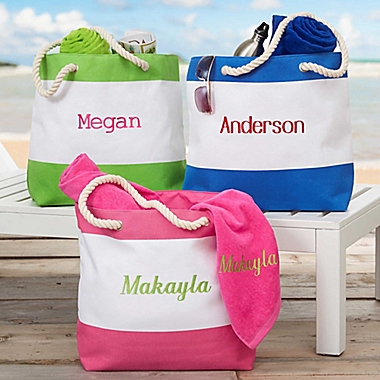 Colorful Name Embroidered Beach Tote in Green. View a larger version of this product image.
