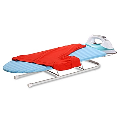 Honey-Can-Do&reg; Deluxe Tabletop Ironing Board with Retractable Iron Rest in White/Aqua. View a larger version of this product image.