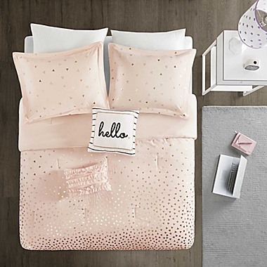 Intelligent Designs Zoey Metallic Triangle 4-Piece Twin/Twin XL Comforter Set in Blush/Gold. View a larger version of this product image.