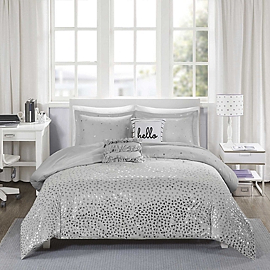 Intelligent Design Zoey 4-Piece Metallic Twin/Twin XL Duvet Cover Set in Grey/Silver. View a larger version of this product image.