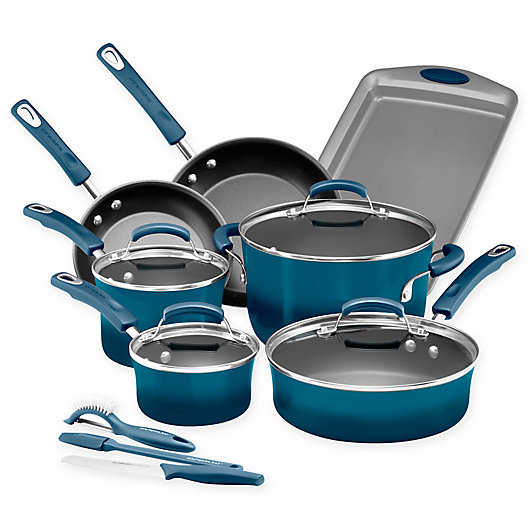 Non Stick Cookware Set Kitchen Pots Pans Marine Blue Rachel Ray Hard Enamel 15PC 