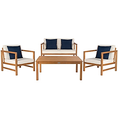 Safavieh Montez 4-Piece Acacia Wood Conversation Set in Teak/Navy with Accent Pillows. View a larger version of this product image.