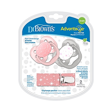 Dr. Brown&#39;s&reg; Advantage 2-Pack Stage 1 Pacifiers with Clip in Pink. View a larger version of this product image.