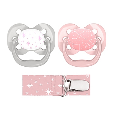 Dr. Brown&#39;s&reg; Advantage 2-Pack Stage 1 Pacifiers with Clip in Pink. View a larger version of this product image.