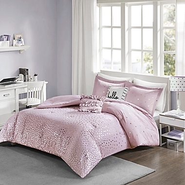 Intelligent Design Zoey Metallic Triangle 4-Piece Twin/Twin XL Comforter Set in Purple/Silver. View a larger version of this product image.