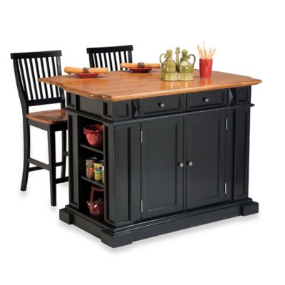 Home Styles Distressed Oak Top Kitchen Island and Two Barstools