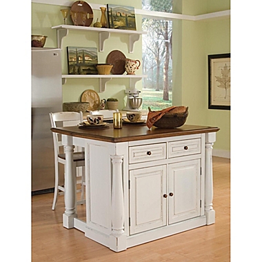 Home Styles Monarch 3-Piece Kitchen Island with Stools in Antiqued White. View a larger version of this product image.