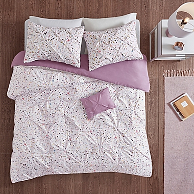 Intelligent Design Abby Metallic Printed and Pintucked 3-Piece Twin/Twin XL Duvet Cover Set in Plum. View a larger version of this product image.