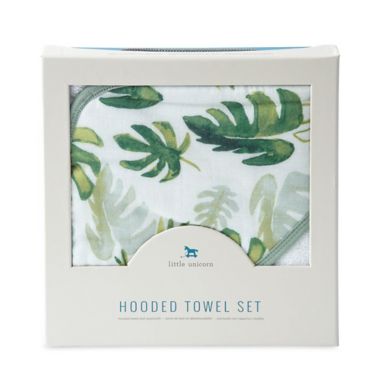 Little Unicorn Cotton Muslin and Terry Hooded Towel and Washcloth Set in Tropical Leaf. View a larger version of this product image.