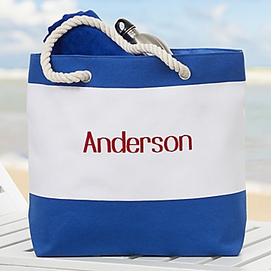 Colorful Name Embroidered Beach Tote in Blue. View a larger version of this product image.
