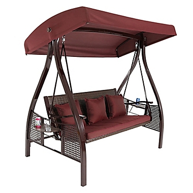 Sunnydaze Decor 3-Person Patio Swing with Canopy and Maroon Cushions. View a larger version of this product image.