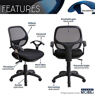 Techni Mobili Midback Mesh Task Office Chair in Black. View a larger version of this product image.