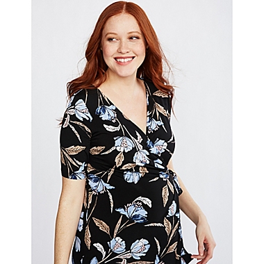 Motherhood Maternity&reg; Large Floral Wrap Dress in Black. View a larger version of this product image.