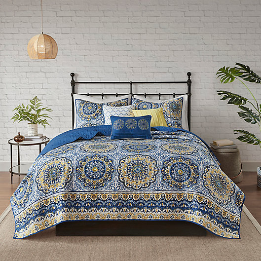 Madison Park Tangiers Coverlet Set, Blue Yellow Bedspreads Queen
