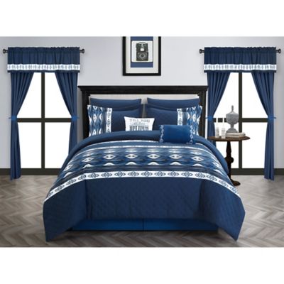 Sheets Decorative Pillows Shams Window Treatments Curtains Included King Navy Chic Home Sigal 20 Piece Comforter Set Reversible Geometric Quilted Design Complete Bed in a Bag Bedding
