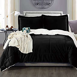 Luxury Solid Down Alternative Sherpa Reversible Twin/Twin XL Comforter Set in Black