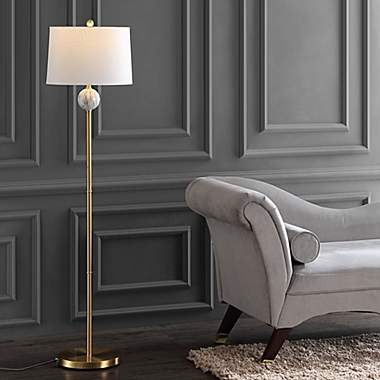 JONATHAN Y Vaughn LED Floor Lamp in Brass Gold with Linen Shade. View a larger version of this product image.