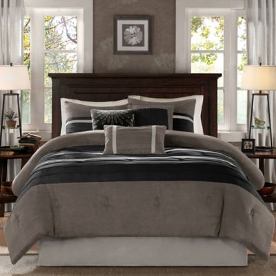 Pieced Microsuede Includes 1 Comforter 1 Bed Skirt 3 Decorative Pillows Madison Park Queen Palmer 7 Piece Comforter Set 2 Shams Navy Blue and Gray 