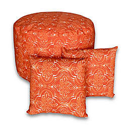 Medallion 3-Piece Round Outdoor Pouf & Square Throw Pillow Set in Orange