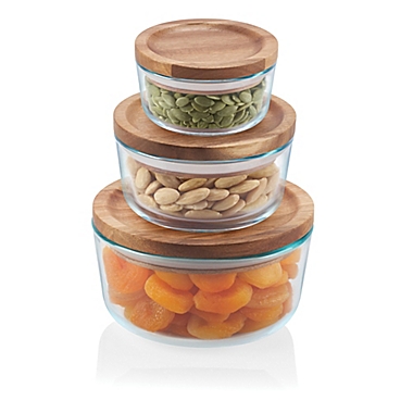 Pyrex&reg; 6-piece Glass Food Storage Container Set with Wood Lids. View a larger version of this product image.