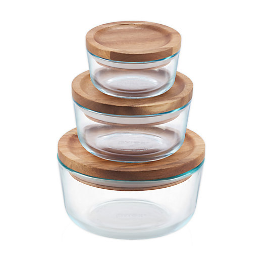 Alternate image 1 for Pyrex® 6-piece Glass Food Storage Container Set with Wood Lids