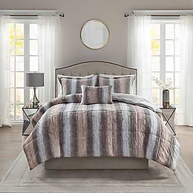 Madison Park&reg; Zuri Faux Fur 4-Piece Full/Queen Comforter Set in Blush/Grey. View a larger version of this product image.