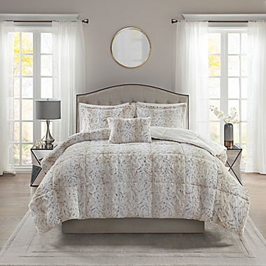 Madison Park&reg; Zuri Faux Fur 4-Piece Full/Queen Comforter Set in Snow Leopard. View a larger version of this product image.