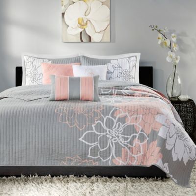 Madison Park Lola 6-Piece Reversible Cotton Printed King/California King Coverlet Set in Grey/Blush