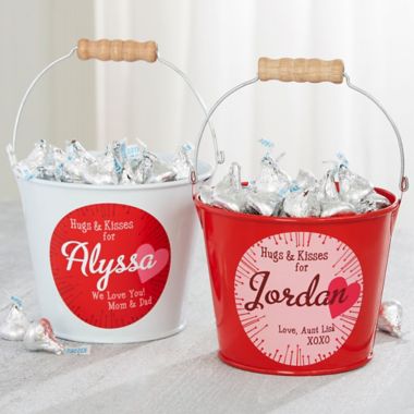 Hugs &amp; Kisses Personalized Mini Treat Bucket in Red. View a larger version of this product image.