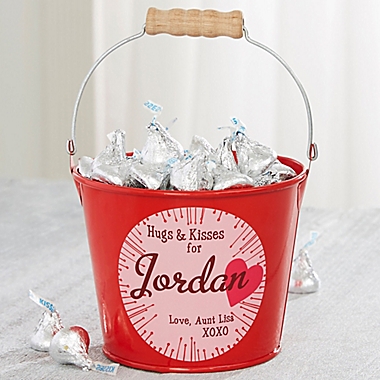 Hugs &amp; Kisses Personalized Mini Treat Bucket in Red. View a larger version of this product image.