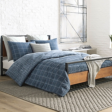 Kenneth Cole New York&reg; Holden Grid King Comforter Set in Indigo. View a larger version of this product image.