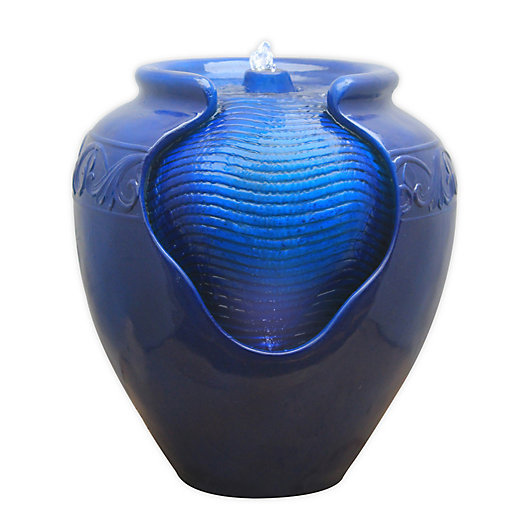 Alternate image 1 for Teamson Home Outdoor Glazed Pot Floor Fountain with LED Light in Royal Blue