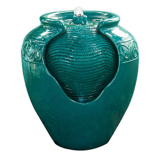 Alternate image 1 for Teamson Home Outdoor Glazed Pot Floor Fountain with LED Light in Teal
