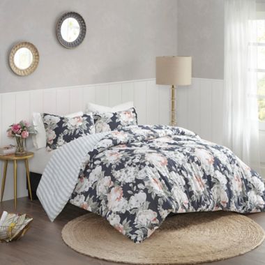 Madison Park Mavis 3-Piece Reversible Duvet Cover Set in Dark Blue. View a larger version of this product image.