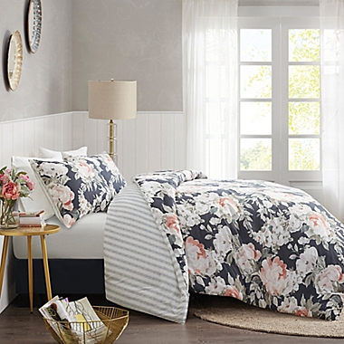 Madison Park Mavis 3-Piece Reversible Duvet Cover Set in Dark Blue. View a larger version of this product image.