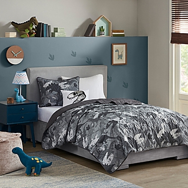 Mi Zone Kids Dylan 4-Piece Dino Camo Full/Queen Coverlet Set in Grey. View a larger version of this product image.