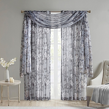 Madison Park Simone 84-Inch Rod Pocket Floral Voile Sheer Curtain Panel in Grey (Single). View a larger version of this product image.