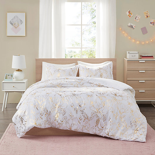 Alternate image 1 for Intelligent Design Magnolia Metallic Printed Floral 2-Piece Twin/Twin XL Duvet Cover Set in Gold