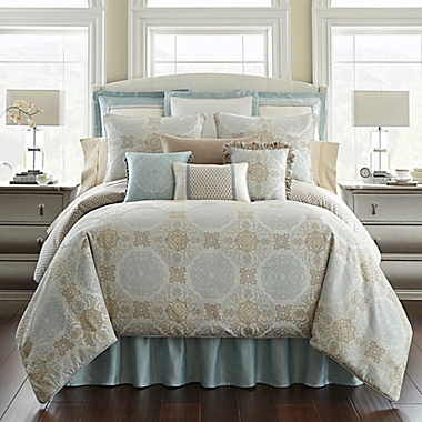 Waterford&reg; Jonet King Comforter Set in Cream/Blue. View a larger version of this product image.