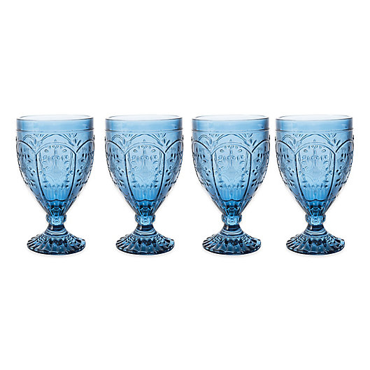 Set of 5 Chunky Stemmed Pedestal Beverage Glasses Vintage Blue Glass Goblets Colored Glass Drinkware