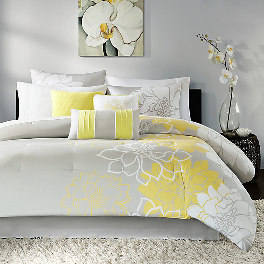 Gray Grey Yellow Patchwork Block 7 pc Comforter Set Full Queen Cal King Bedding 